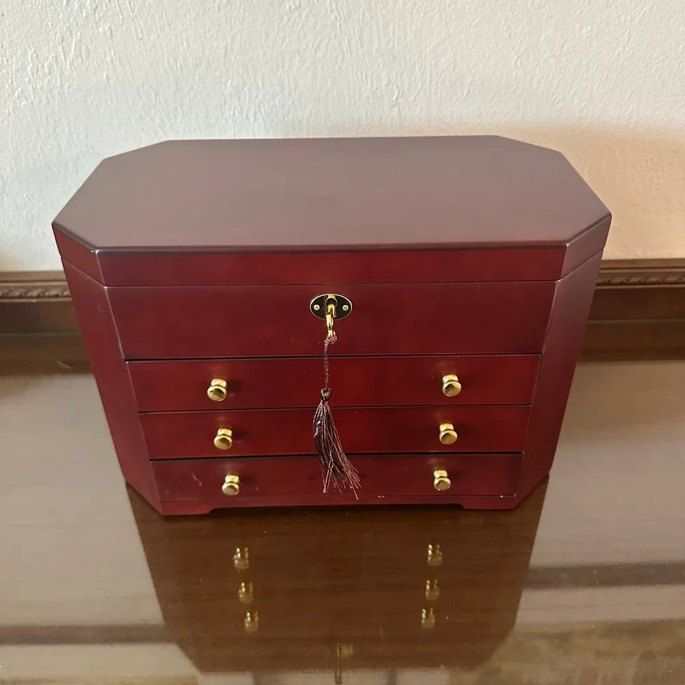Jere Wooden Jewelry Box Chest Large 3 Drawer Locking Cherry Finish Organizer